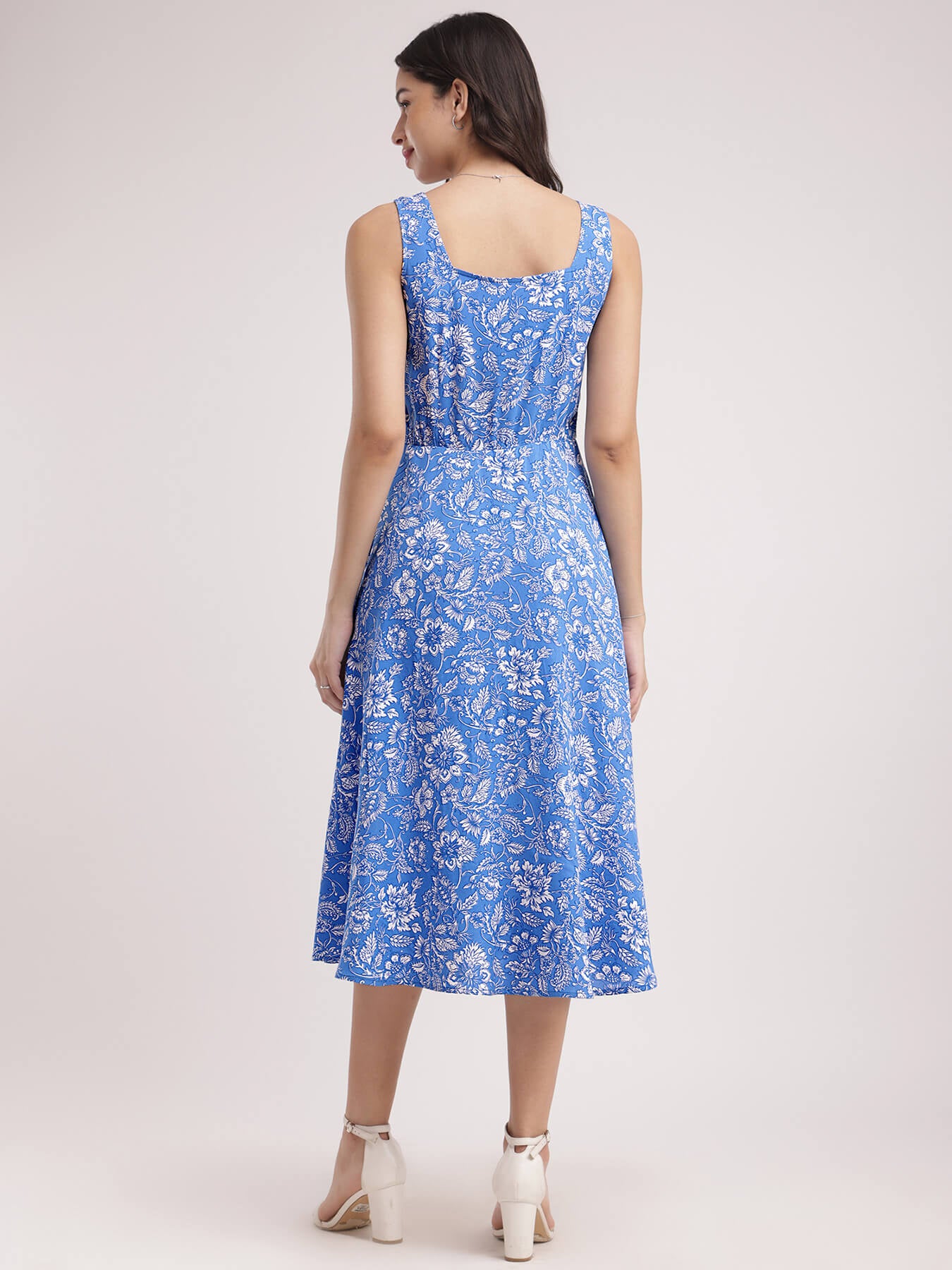 Fit And Flare Floral Dress - Blue And White