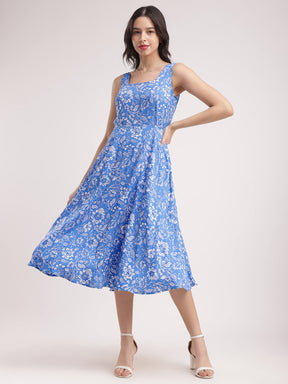 Fit And Flare Floral Dress - Blue And White