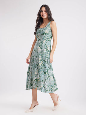 Floral Fit And Flare Dress - Green