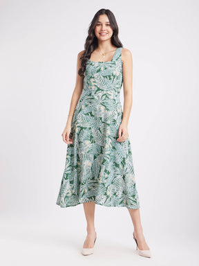 Floral Fit And Flare Dress - Green