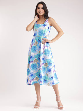 Floral Fit And Flare Dress - Blue