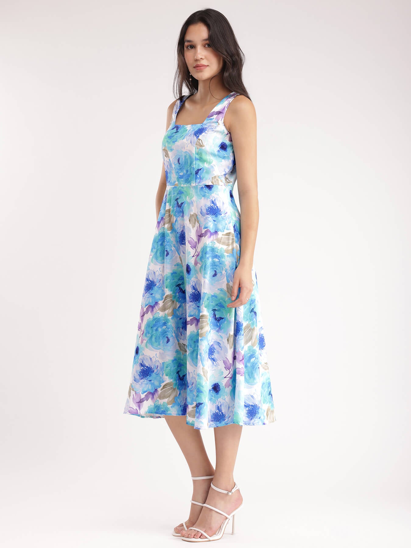 Floral Fit And Flare Dress - Blue