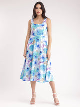 Floral Fit And Flare Dress - Blue