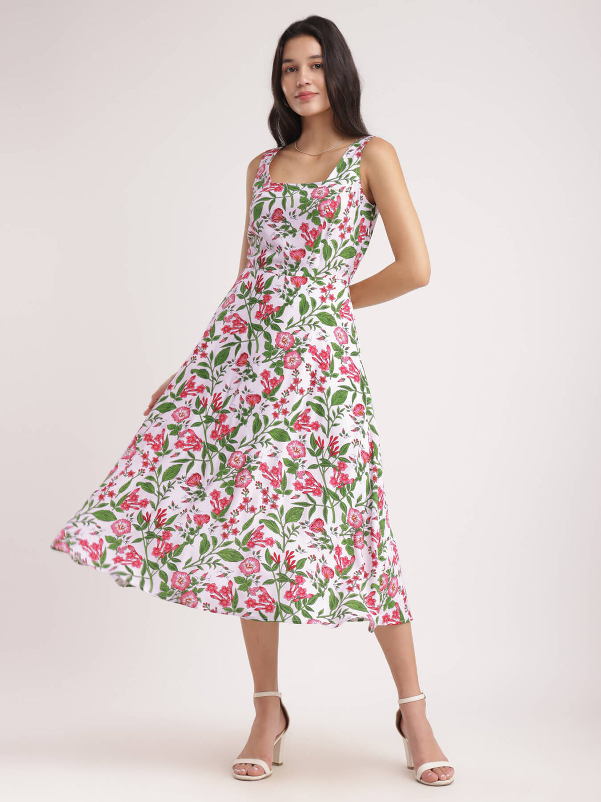 Fit And Flare Floral Dress - White And Pink
