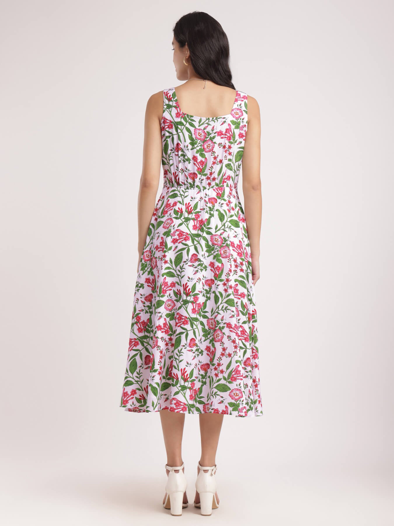 Fit And Flare Floral Dress - White And Pink