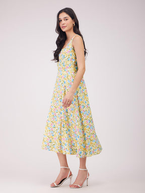 Fit And Flare Floral Dress - Yellow