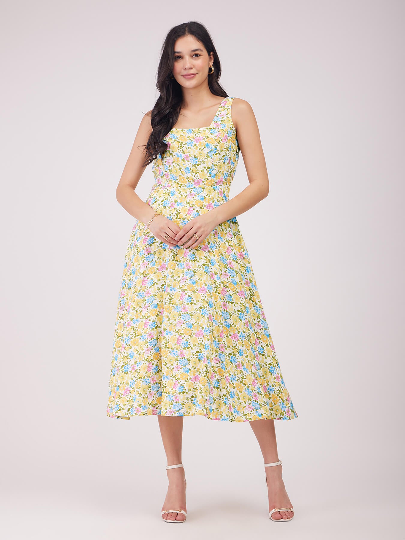 Fit And Flare Floral Dress - Yellow