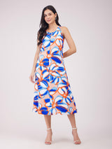 Floral A-line Dress - Blue And Orange