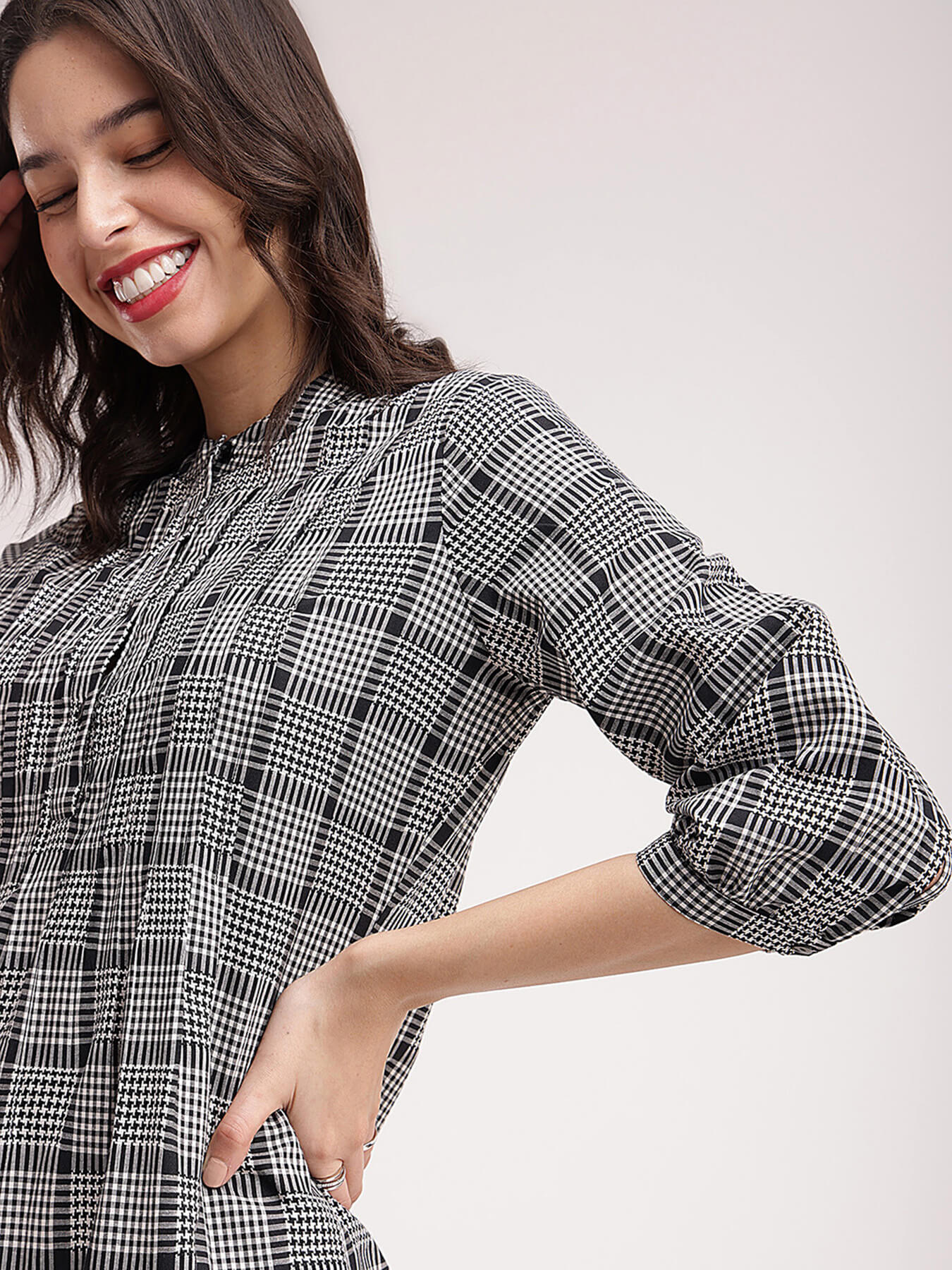 Cotton Checkered Dress - Black And White