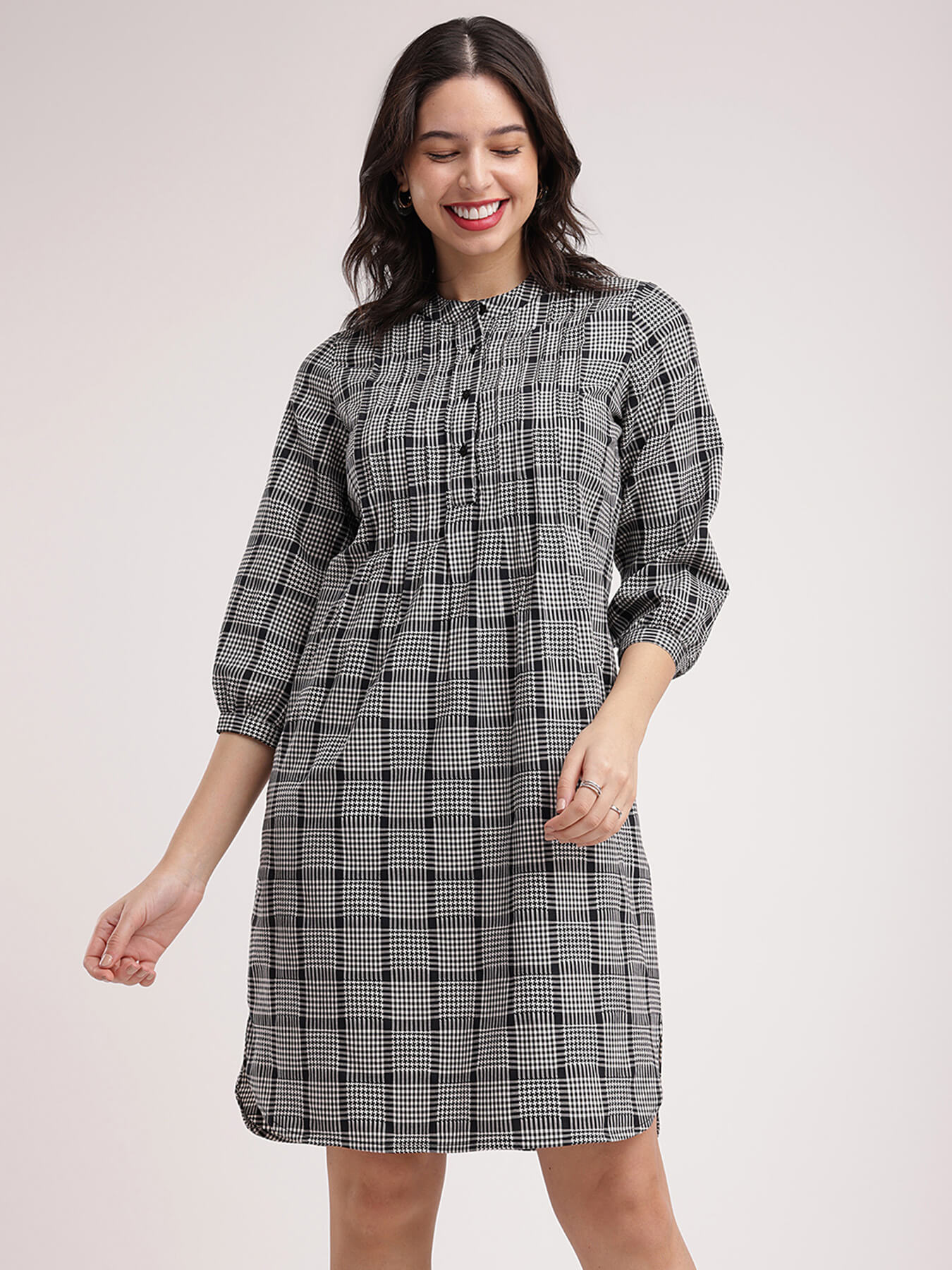 Cotton Checkered Dress - Black And White