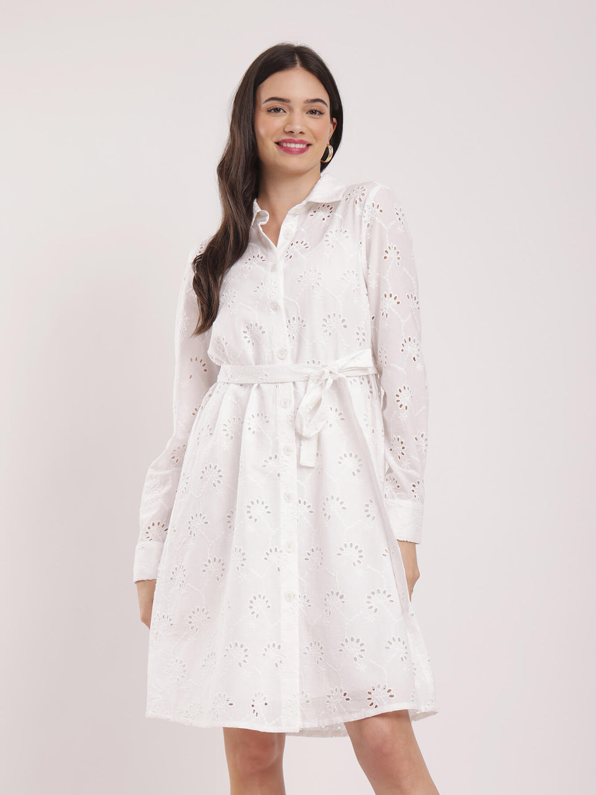 Cotton Schiffli Dress - White