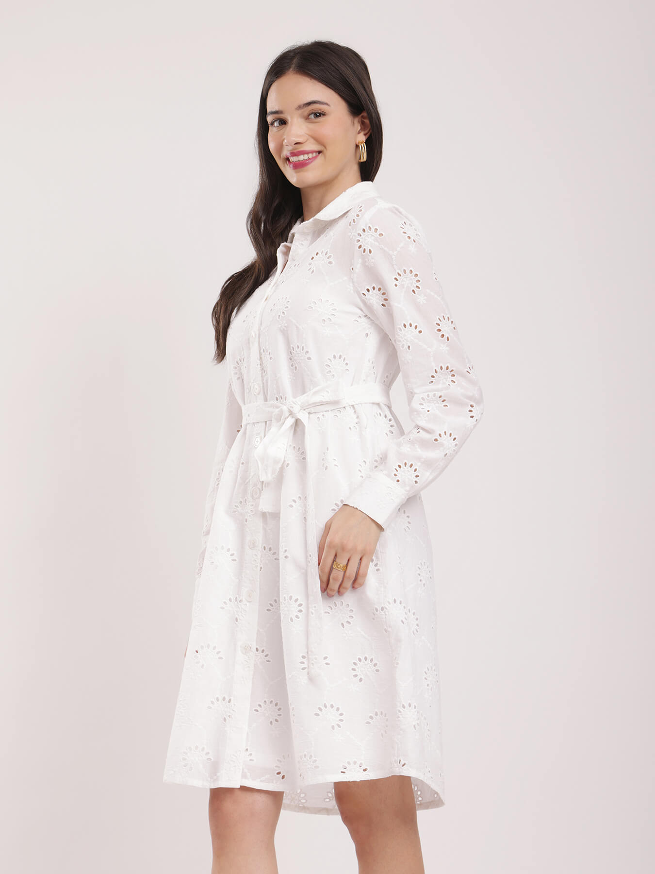 Cotton Schiffli Dress - White