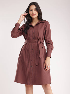 Linen Shirt Dress - Brown