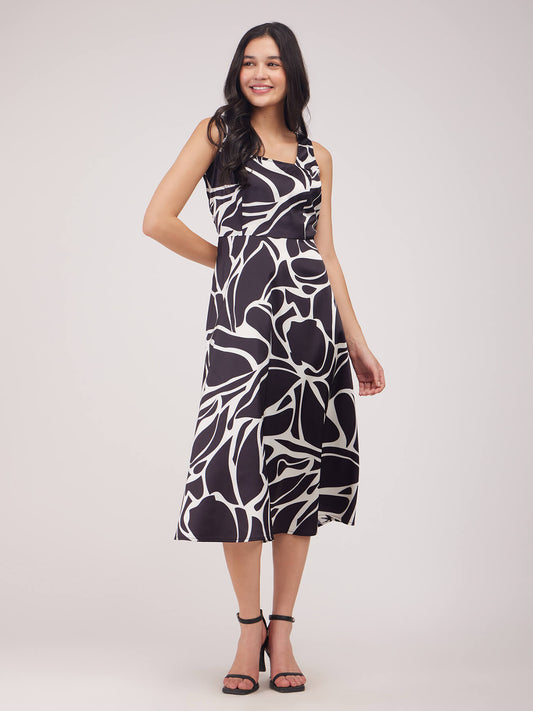 Satin Fit And Flare Dress - Black And White