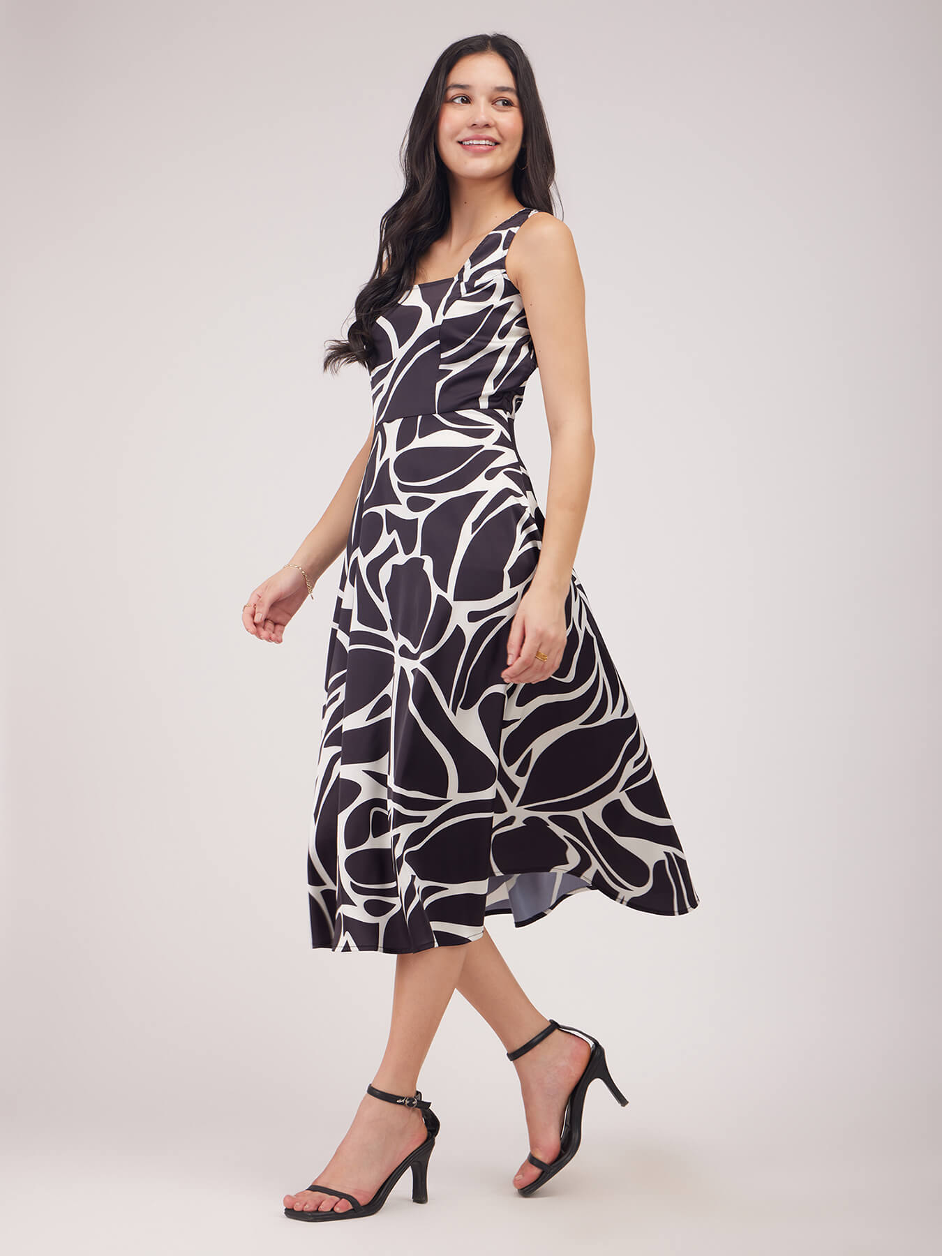 Satin Fit And Flare Dress - Black And White