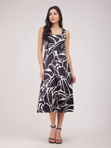 Satin Fit And Flare Dress - Black And White