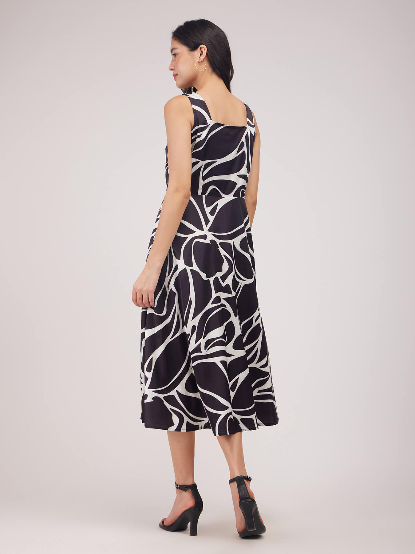 Satin Fit And Flare Dress - Black And White