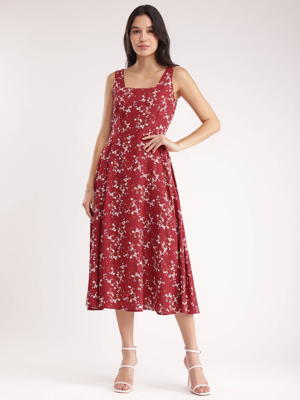 Floral Fit And Flare Dress - Red