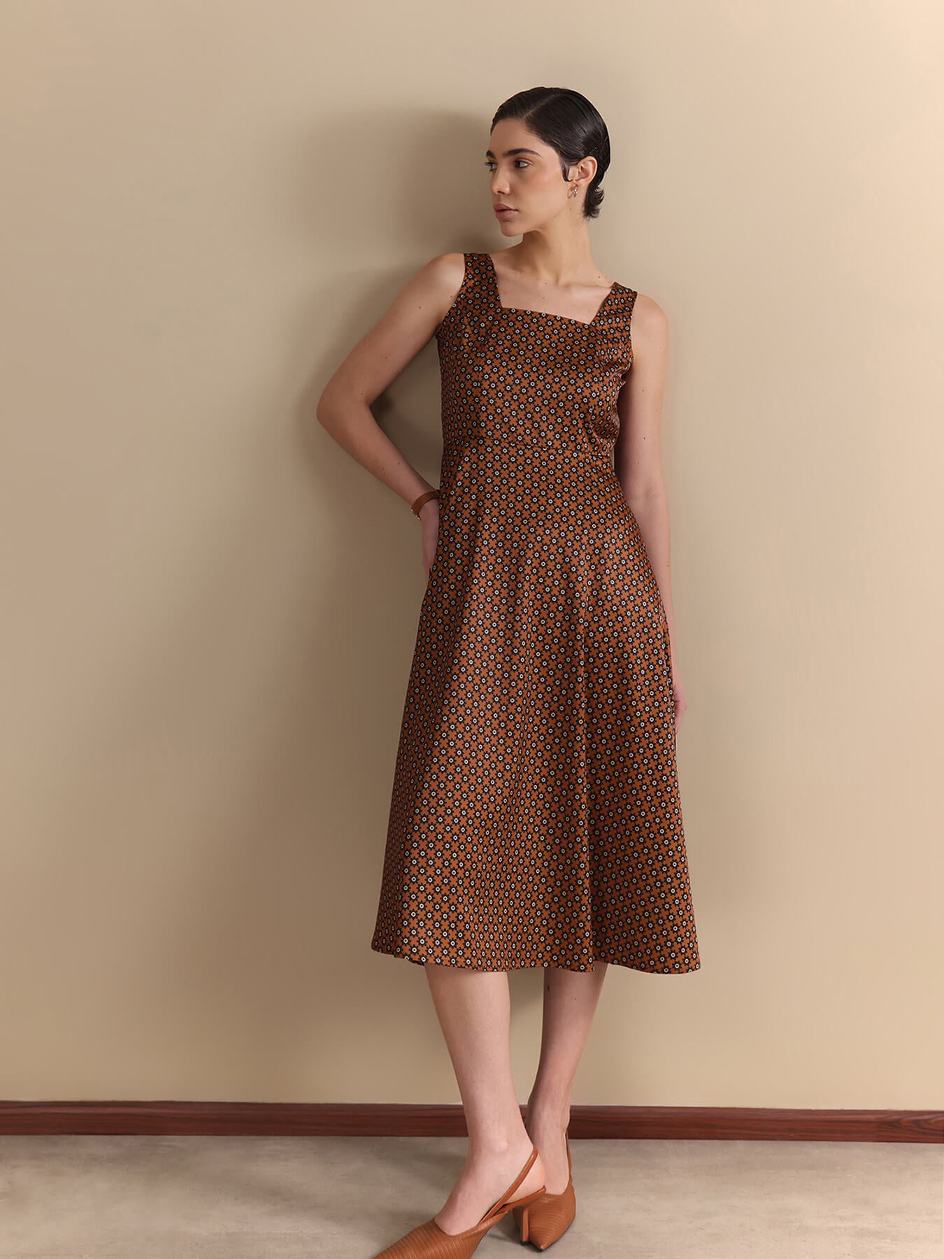 Abstract Print Midi Dress - Brown