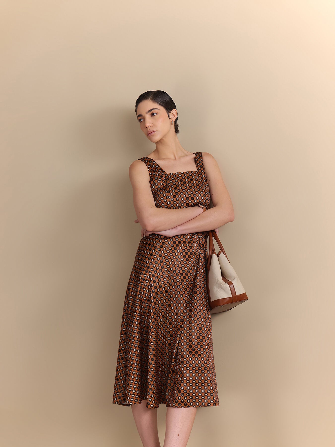 Abstract Print Midi Dress - Brown