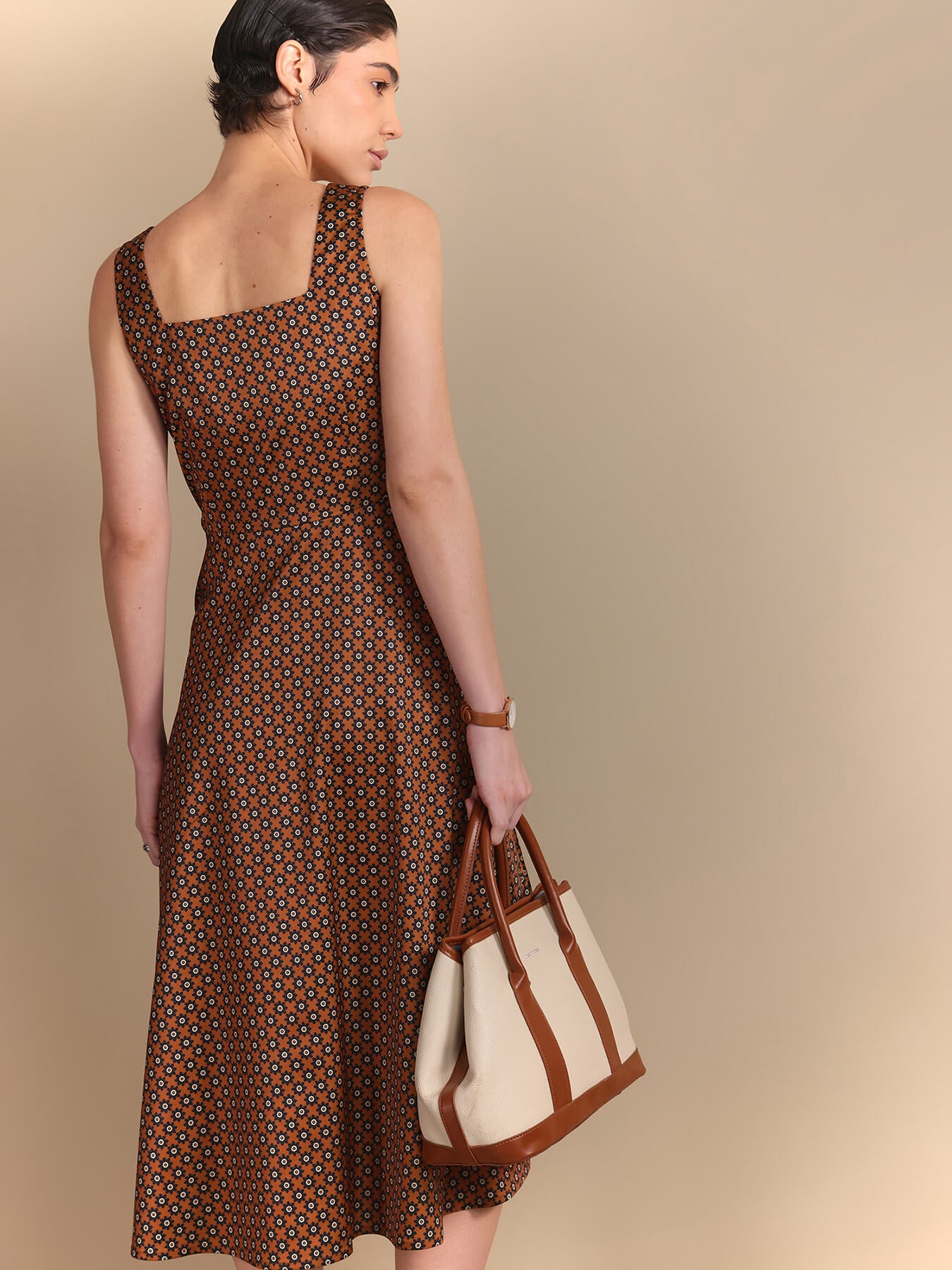 Abstract Print Midi Dress - Brown