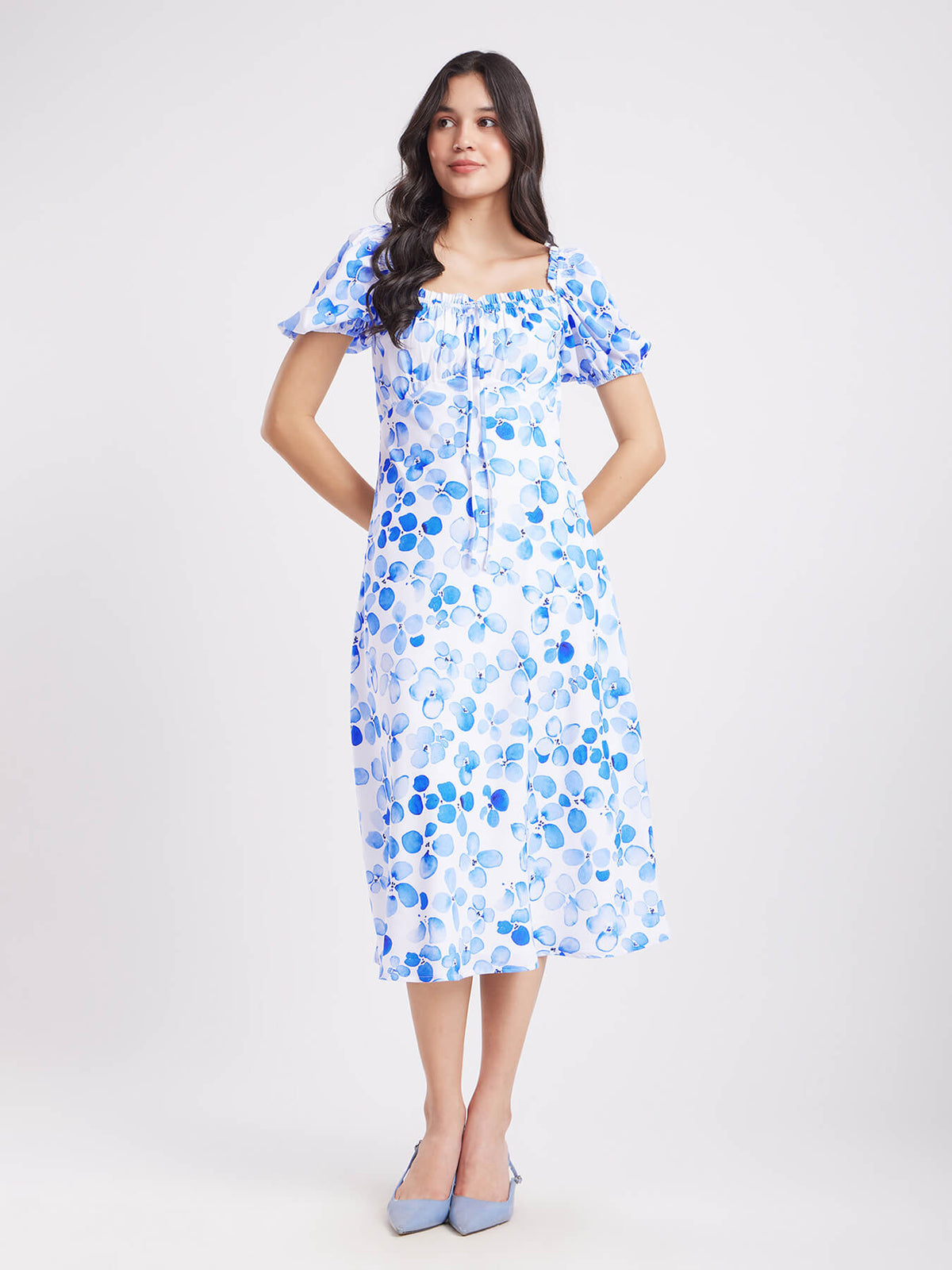 Floral Fit And Flare Dress - Blue And White