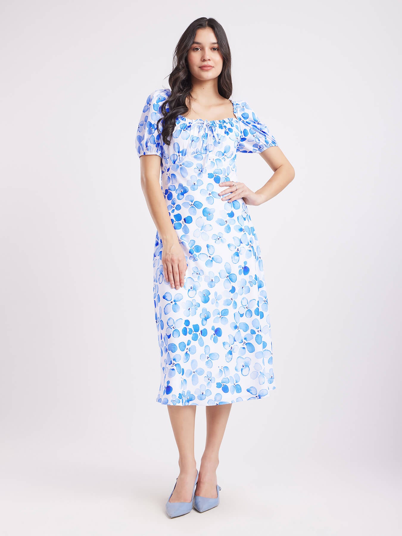 Floral Fit And Flare Dress - Blue And White
