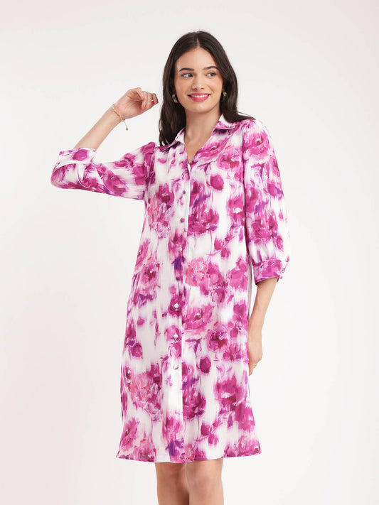 Floral Shirt Dress - Pink And White