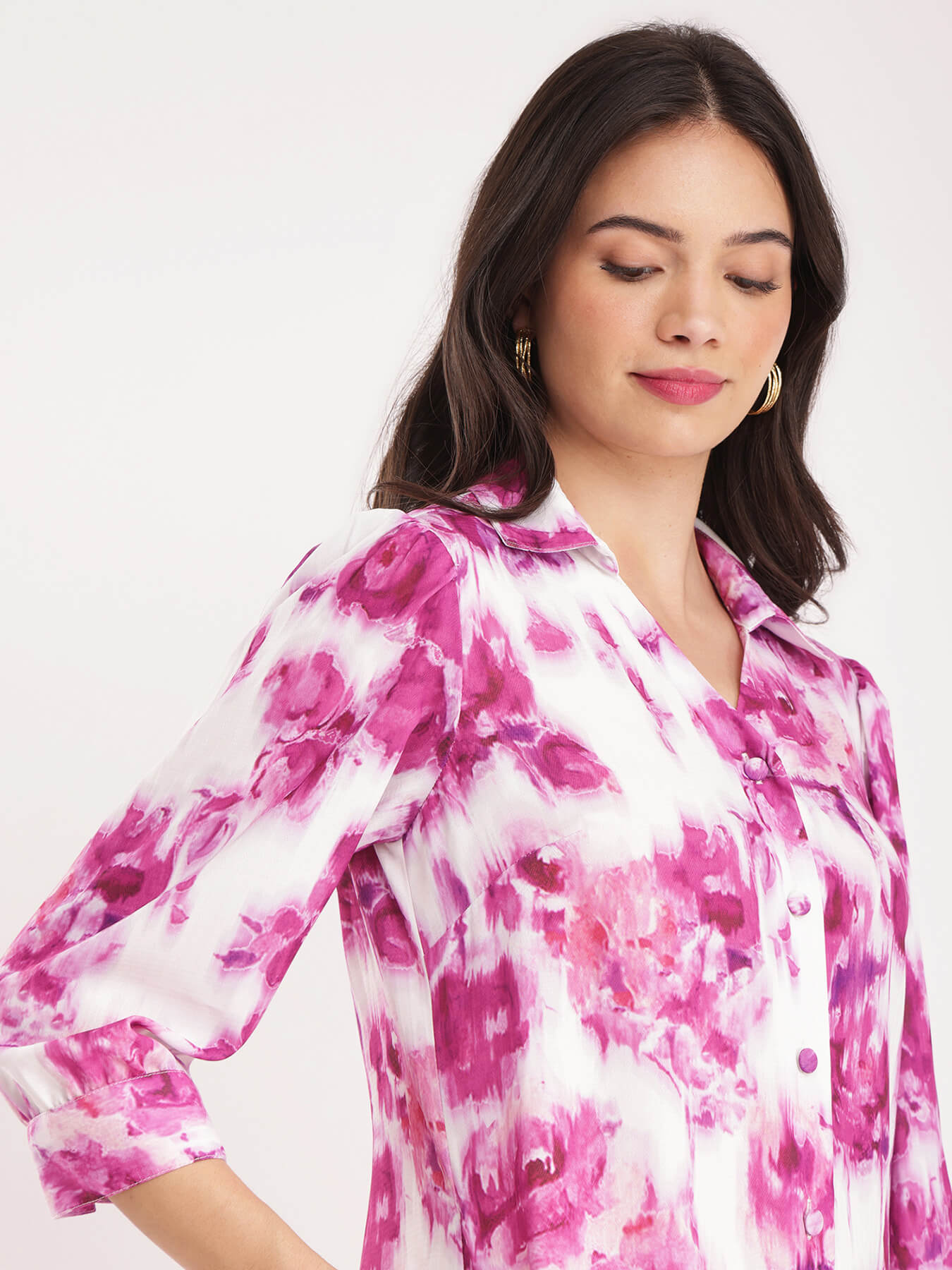 Floral Shirt Dress - Pink And White