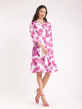 Floral Shirt Dress - Pink And White