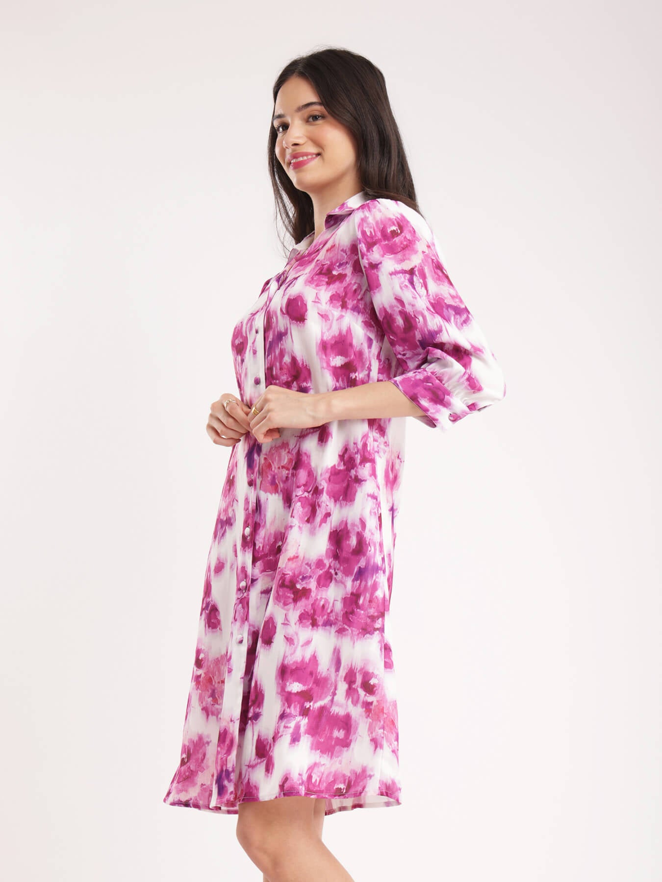 Floral Shirt Dress - Pink And White