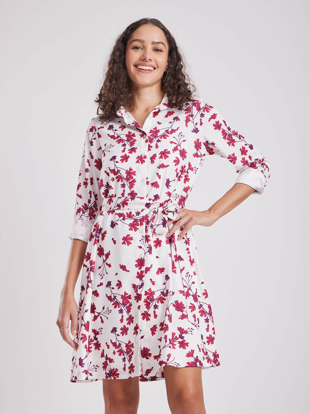 Floral Shirt Dress - Maroon And White