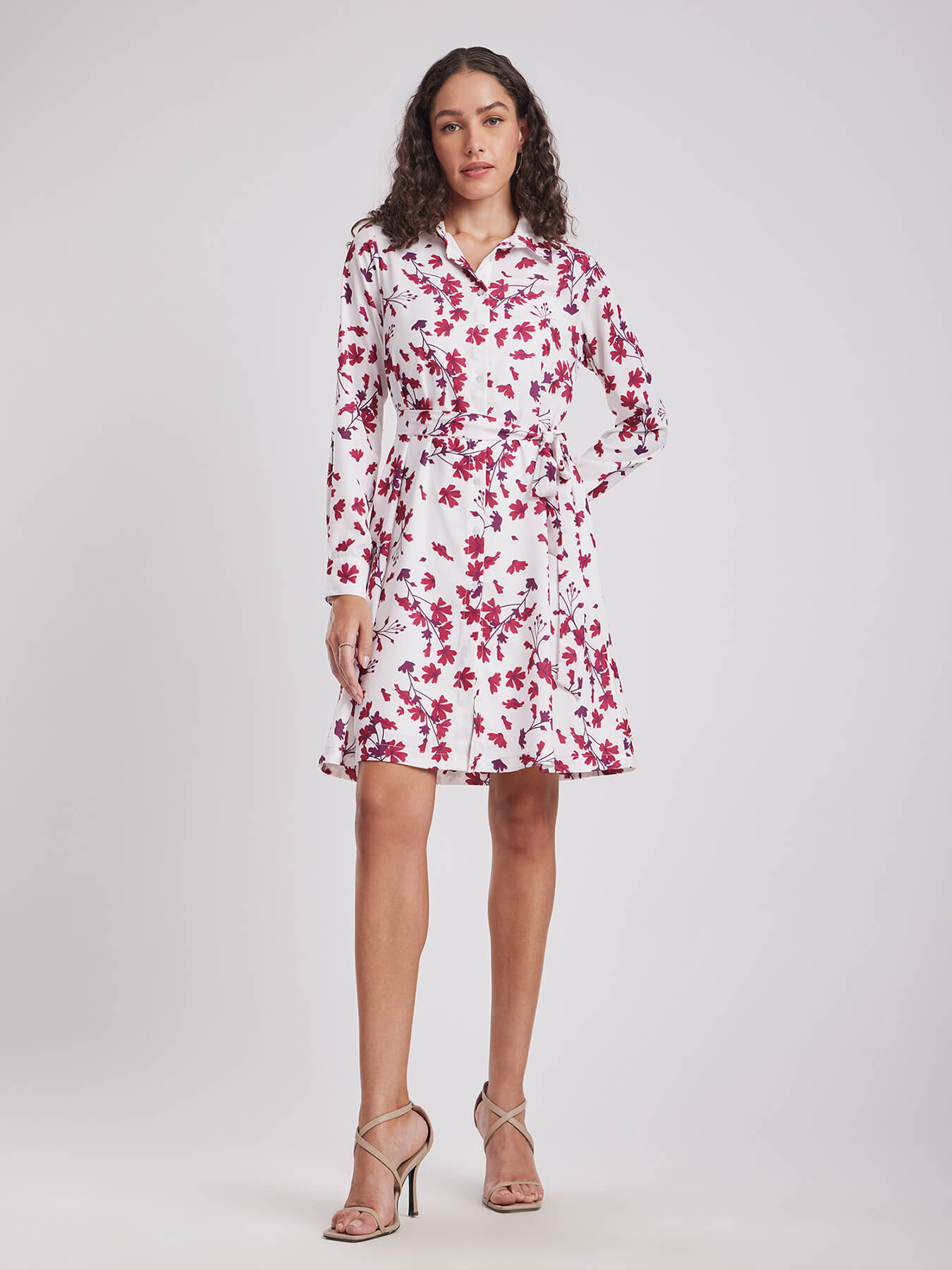 Floral Shirt Dress - Maroon And White