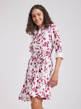 Floral Shirt Dress - Maroon And White