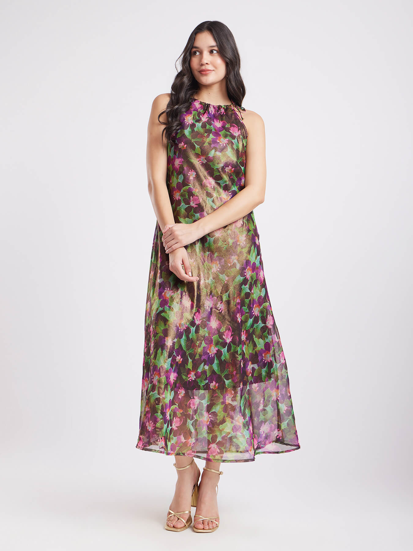 Lurex Chiffon Halter Neck Dress - Multicolour