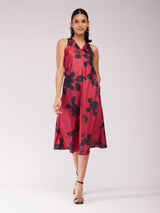 Satin Floral Dress - Maroon