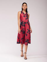 Satin Floral Dress - Maroon