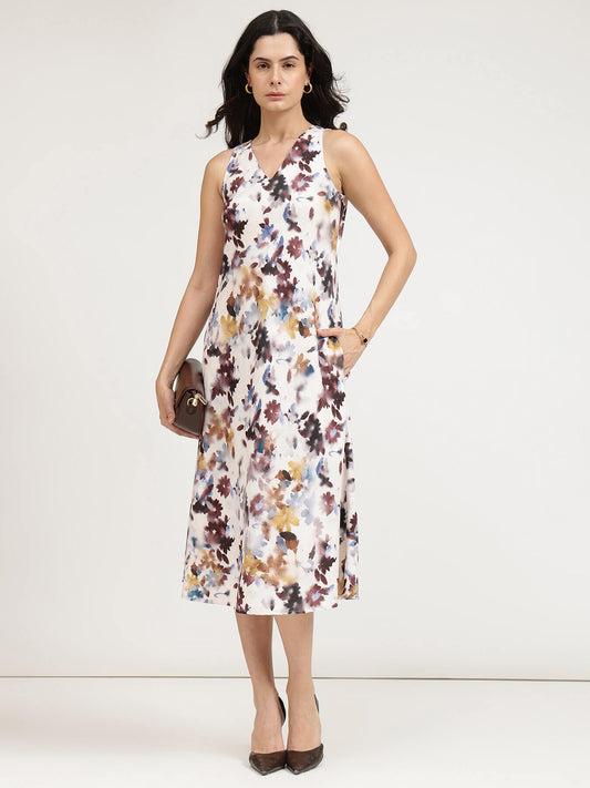 Satin Floral A-Line Dress - White