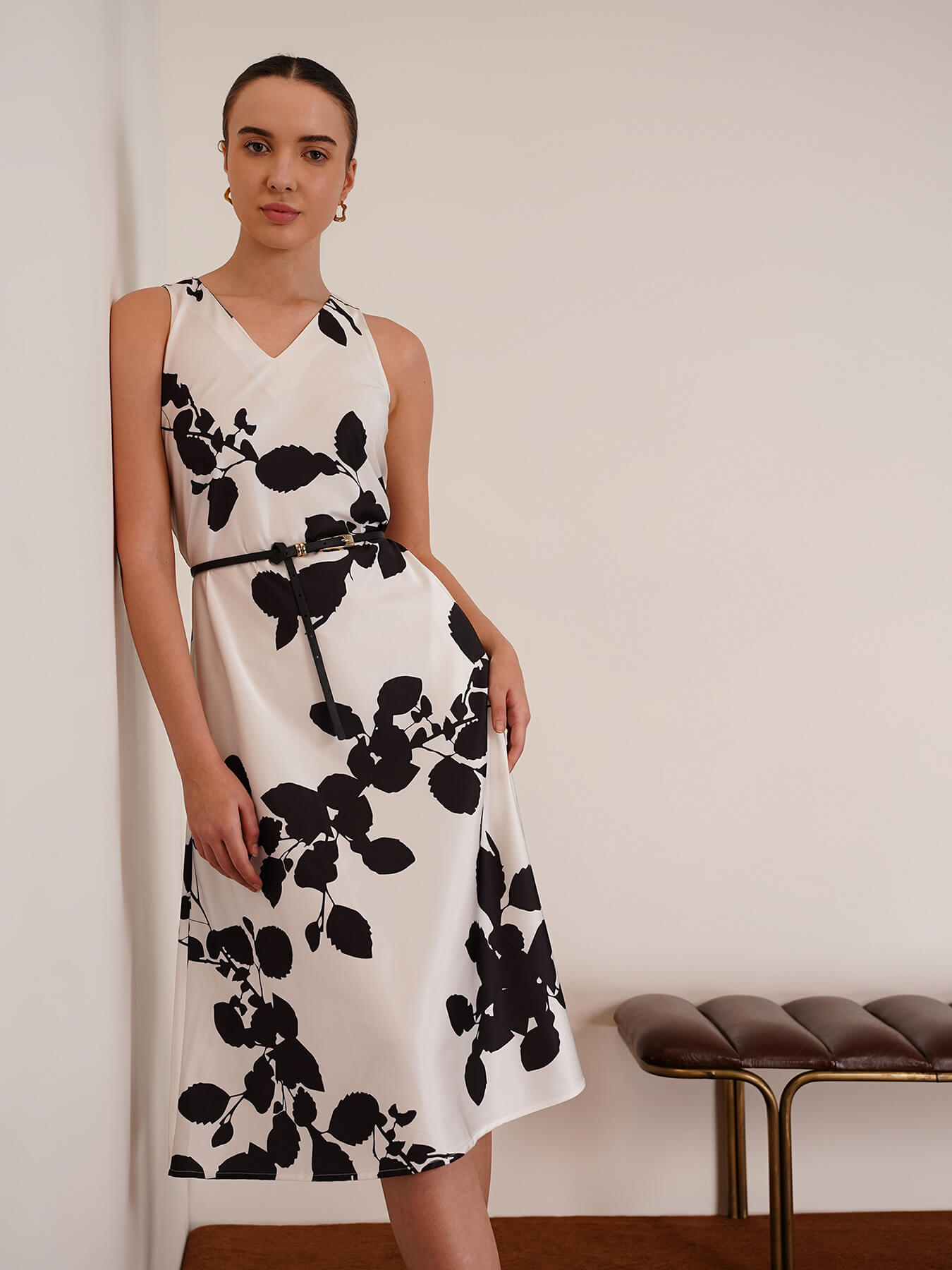 Satin Midi Dress - White And Black