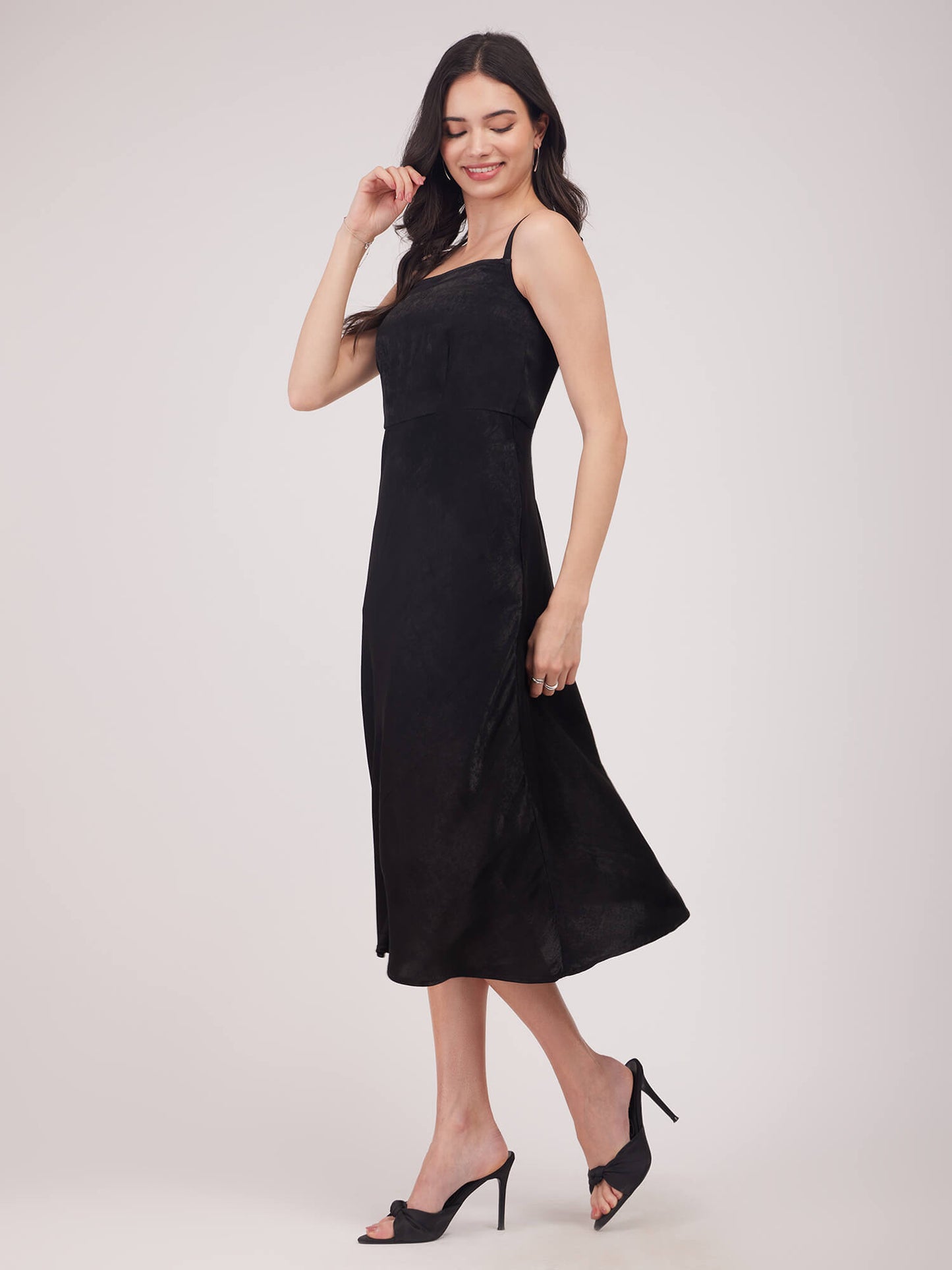 Satin A-line Dress - Black