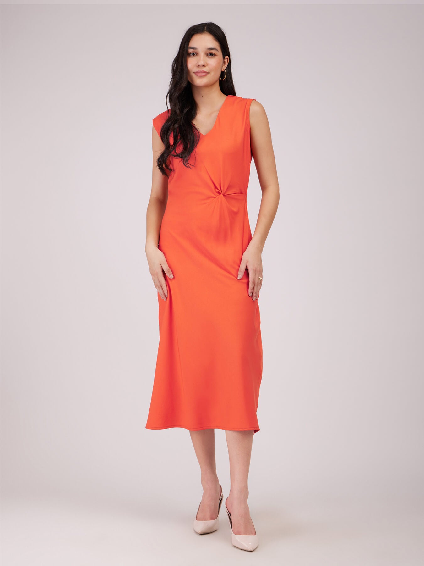 Side Knot Midi Dress - Orange