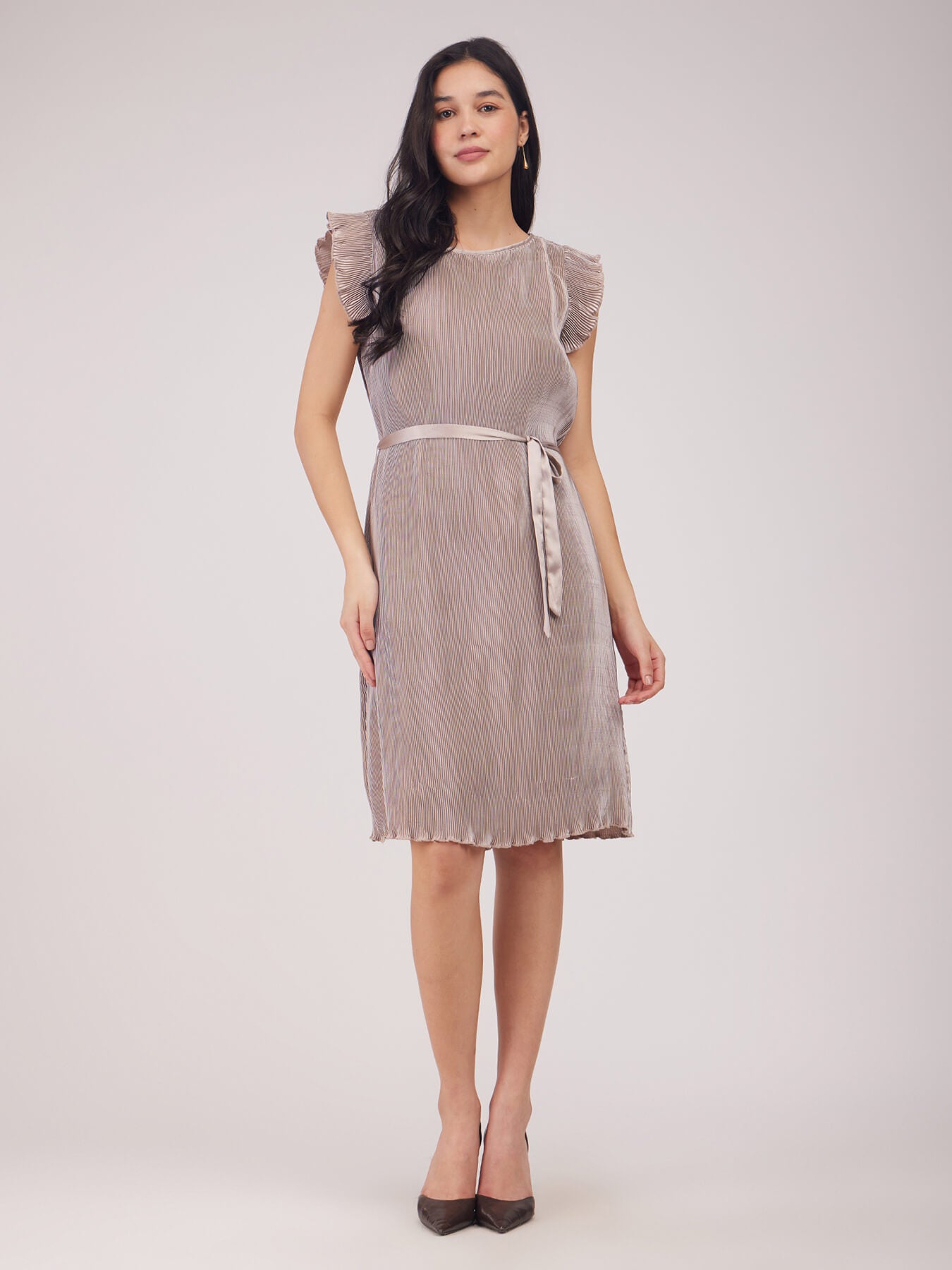 Pleated Shift Dress - Beige