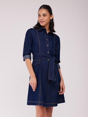 Denim Shirt Dress - Navy