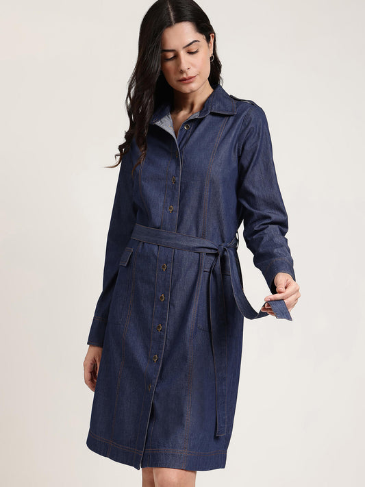 Denim Shirt Dress - Navy Blue