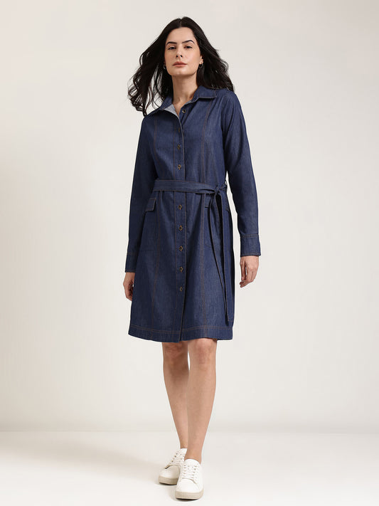 Denim Shirt Dress - Navy Blue