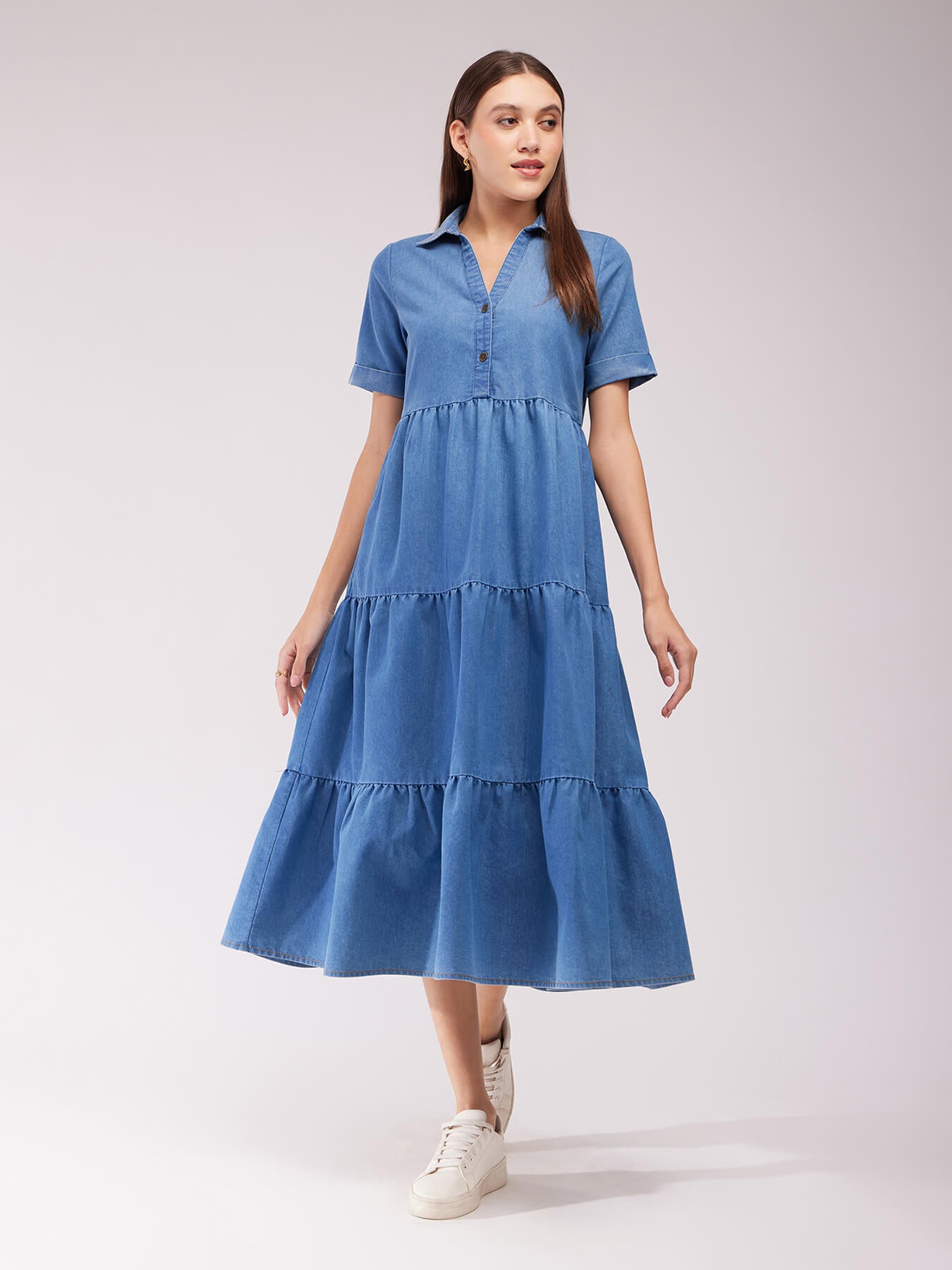 Denim Tiered Dress - Blue