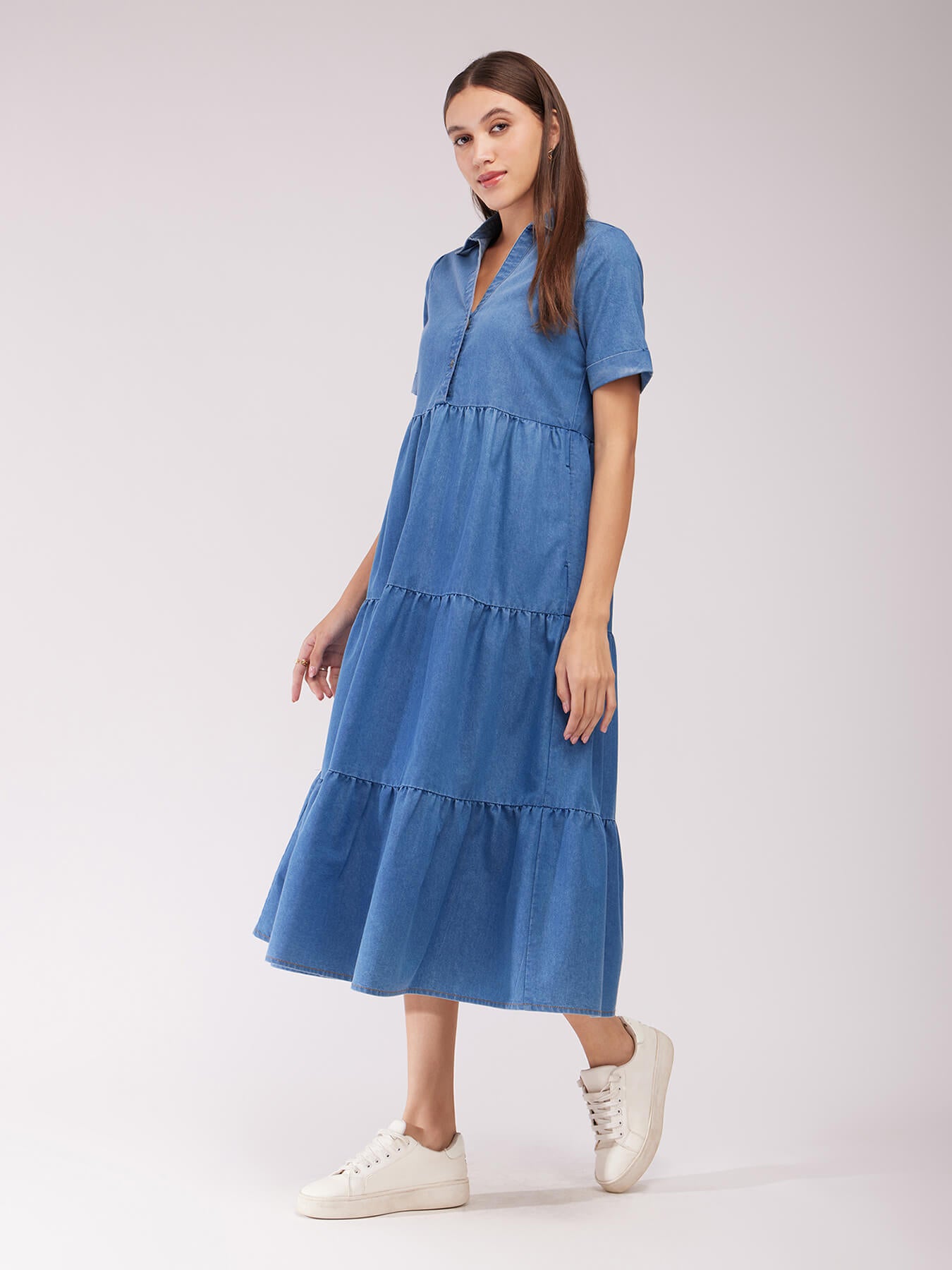 Denim Tiered Dress - Blue