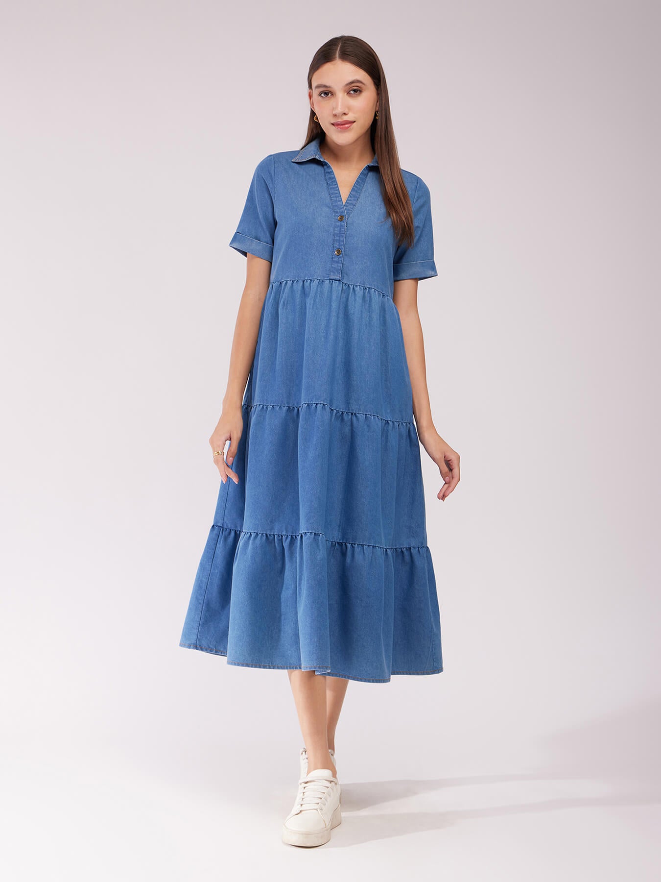 Denim Tiered Dress - Blue