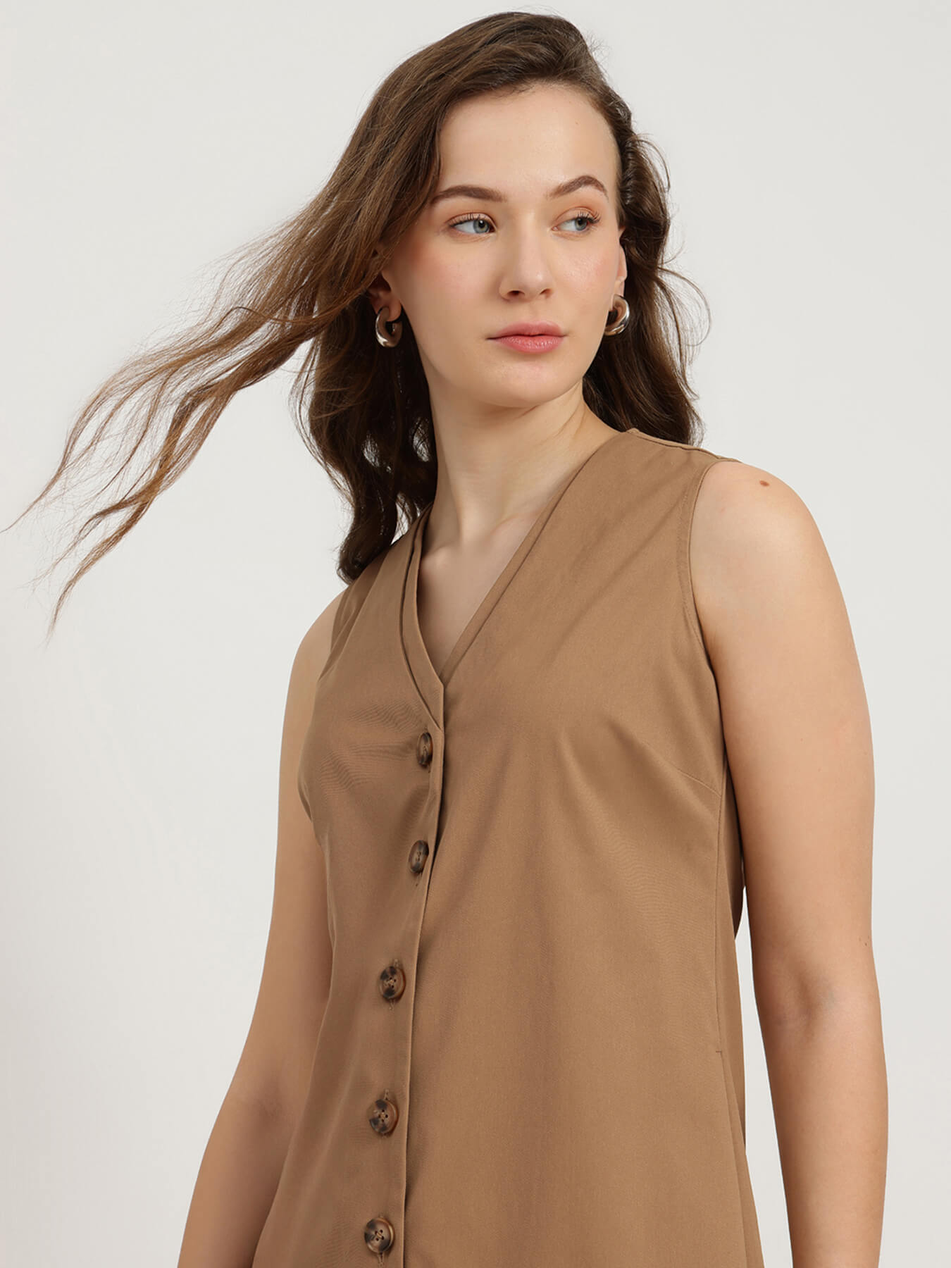 V Neck Shift Midi Dress - Camel