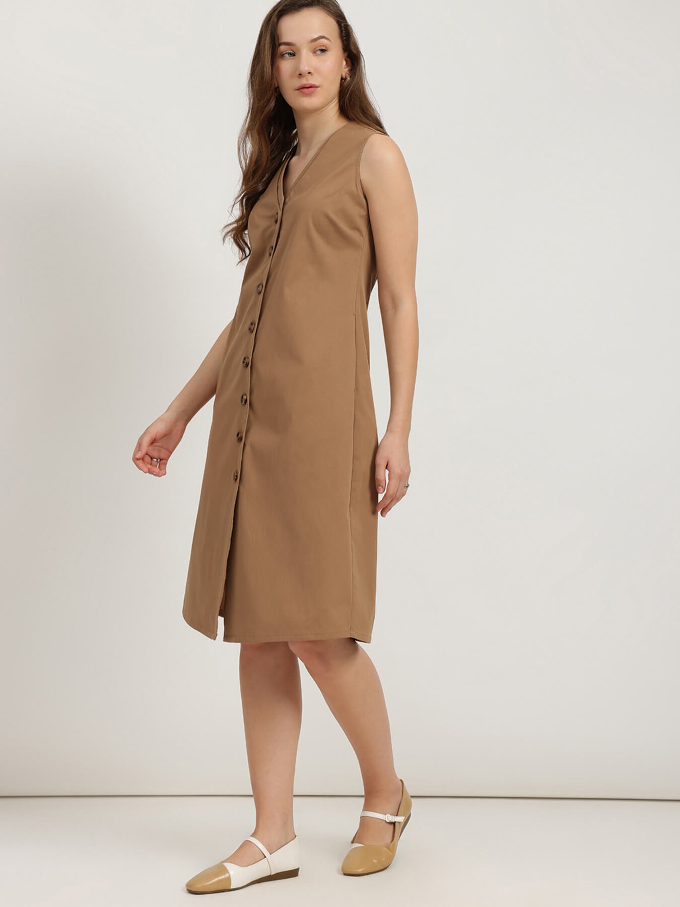 V Neck Shift Midi Dress - Camel